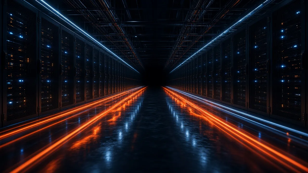 Representative image of a data-center corridor with orange and white light trails. Not a SATO site.
